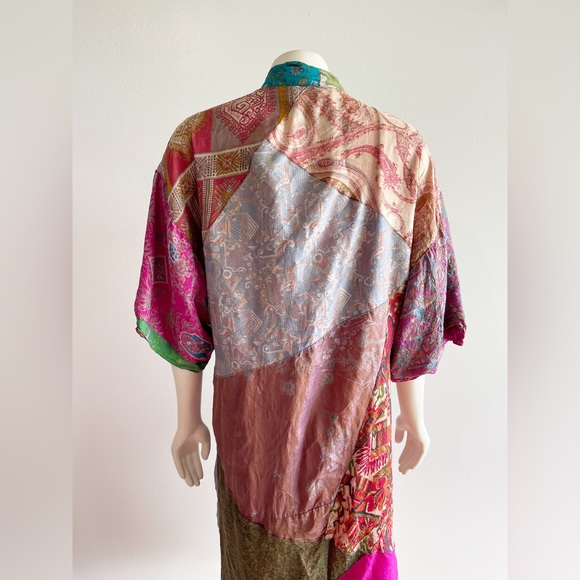 Sacred Threads Silk Kimono Robe Multicolor Patchwork Small - Picture 15 of 16